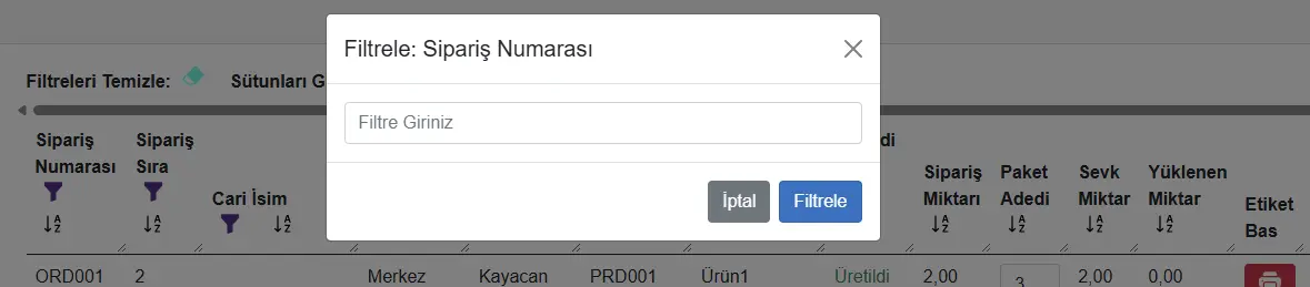 Sevkiyat siparişlerini müşteri ve tarihe göre filtreleme ekranı