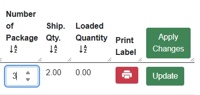 Screen for updating the package count and setting carton quantity