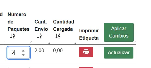 Pantalla para actualizar el número de paquetes