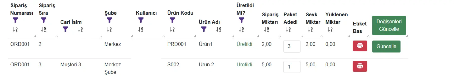Paket adedini güncelleme ve koli sayısı belirleme ekranı