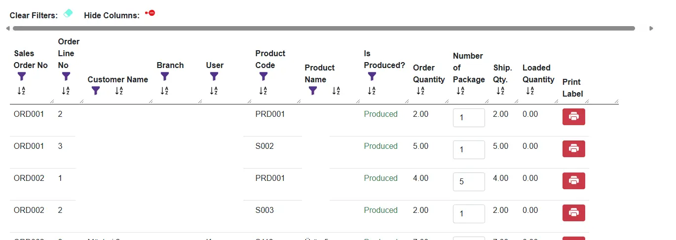 Shipment order list with package counts