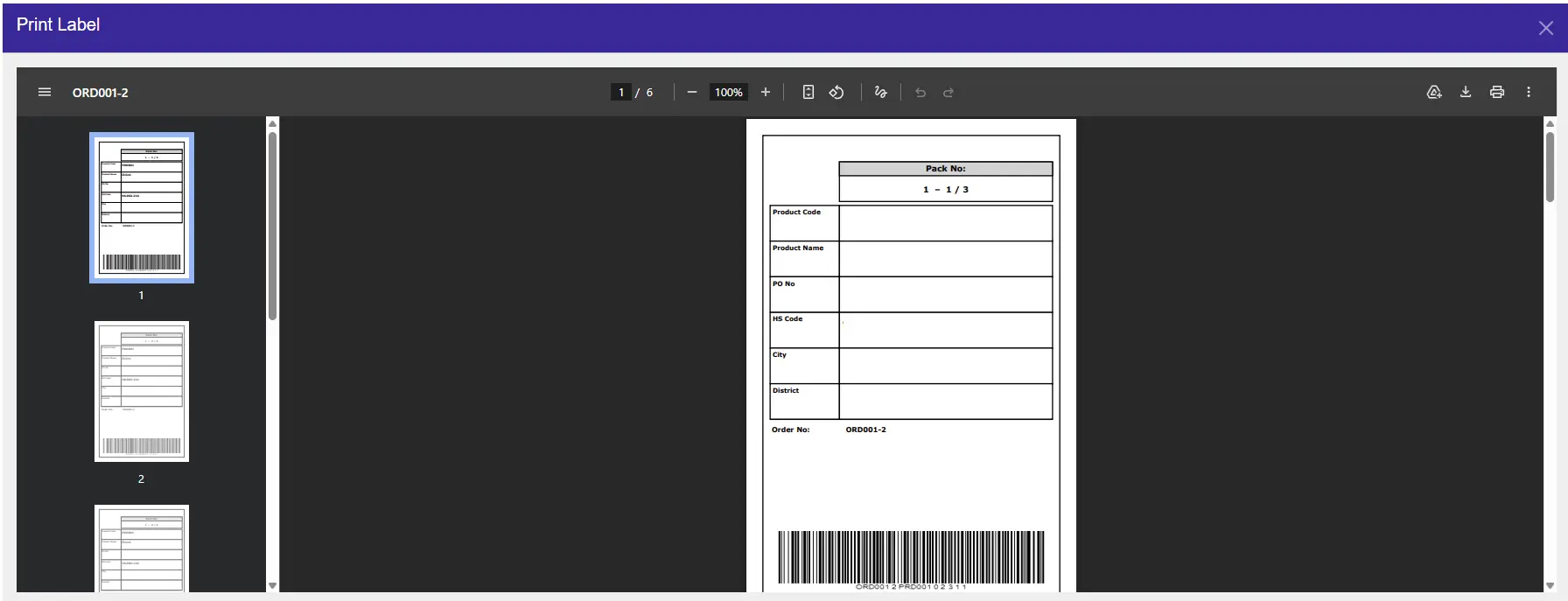 Barcoded carton label PDF output