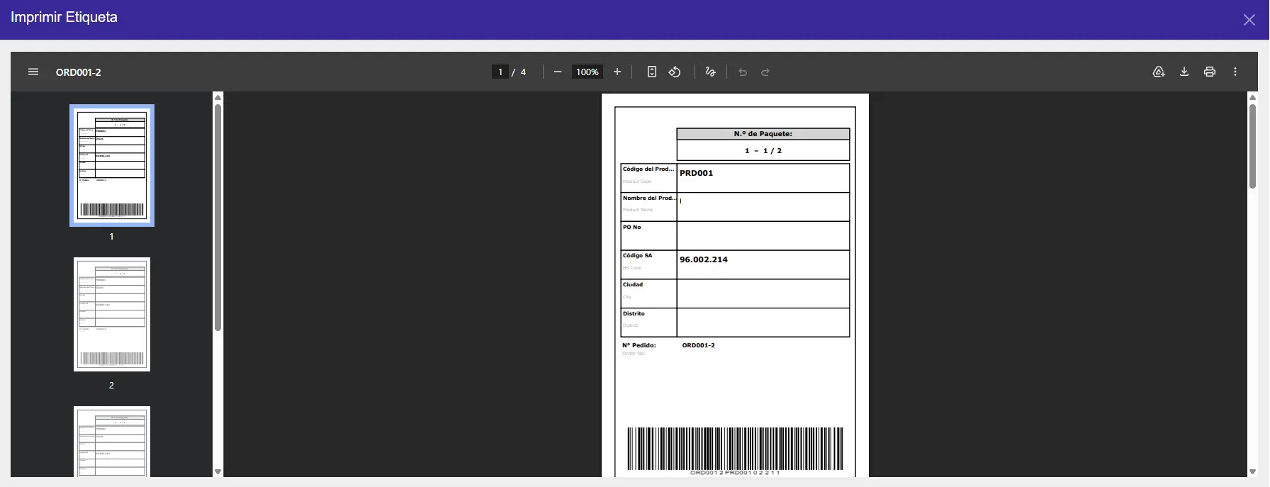 Salida PDF de la etiqueta de caja con código de barras