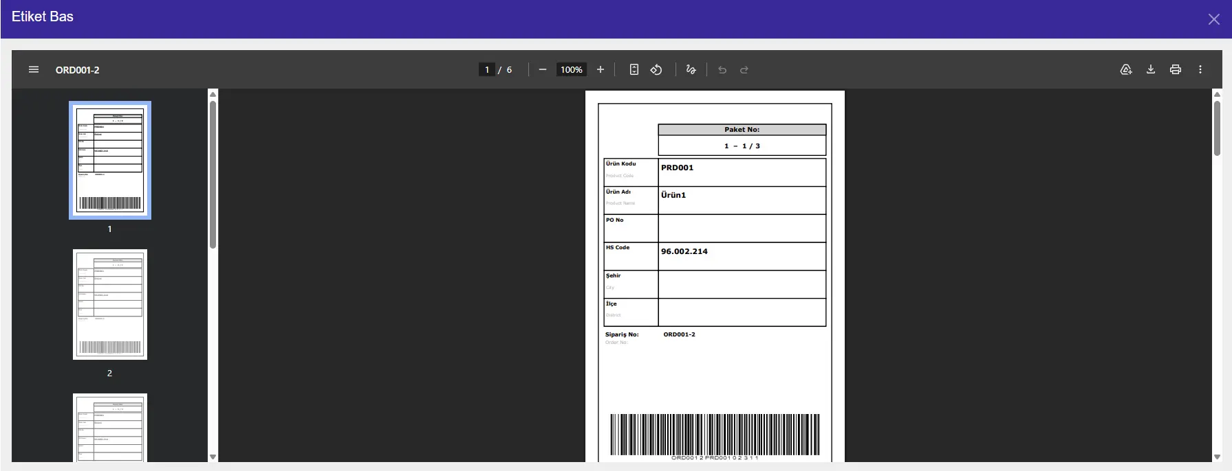 Barkodlu koli etiketi PDF çıktısı